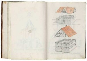 Zwei stereometrische Konstruktions-Zeichnungen eines Hauses mit abgehobenem Dachgeschoss, aus: "Perspectief Buch [...]" [Perspektivübungsbuch des 16-jährigen Kurprinzen]