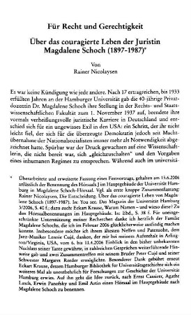 Für Recht und Gerechtigkeit : über das couragierte Leben der Juristin Magdalene Schoch (1897 - 1987)