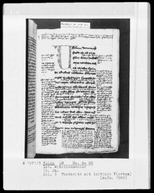 Lateinischer Bibelkommentar — Initiale V(erbum), Folio 3recto
