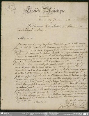 Eigenh. Brief auf Vordruck von Abel Rémusat an August Wilhelm von Schlegel, Paris, 14.01.1823