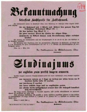 "Bekanntmachung." Festsetzung der Höchstpreise für Lastfuhrwerke (380)