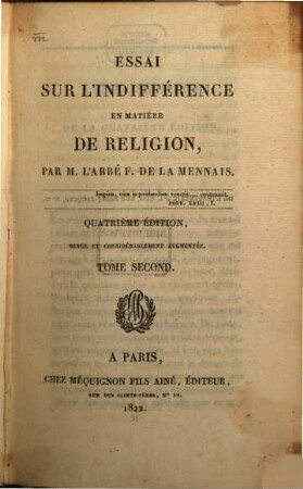 Essai sur l'indifférence en matière de religion, 2