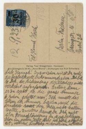 Postkarte von Kurt Schwitters an Hannah Höch mit Abbildung: "Kurt Schwitters. Merzplastik. Die Kultpumpe." Hannover , hs.
