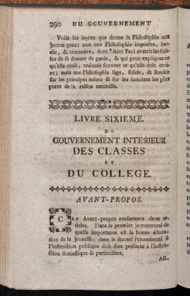 Livre Sixieme. Du Gouvernement Intérieur Des Classes Et Du College.
