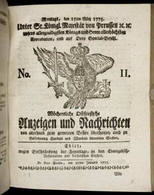No. 11. Montags, den 15ten März 1773.
