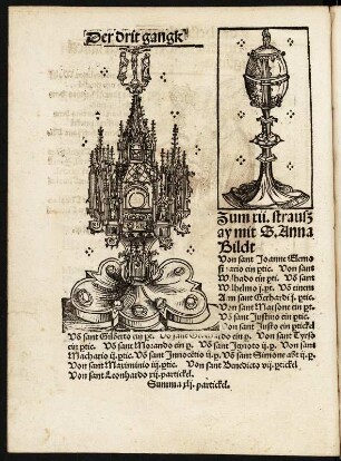 Reliquien der Stiftskirche Wittenberg : Reliquien der Stiftskirche Wittenberg (Der drit gangk, straßauy mit S. Anna Bildt) Blatt 14 verso aus: Dye zaigung des hochlobwirdigen hailigthums der Stifftkirchen aller hailigen zu wittenburg. 1509. Dresden: SLUB S.B.1034