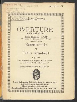 Overture to the melodrama The magic harp : also used for Helmina von Chezy's romantic play Rosamunde : op. 26