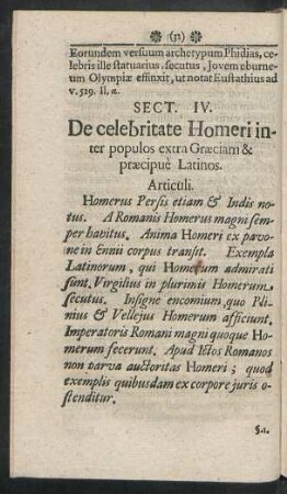 Sect. IV. De celebritate Homeri inter populos extra Graeciam & praecipue Latinos.