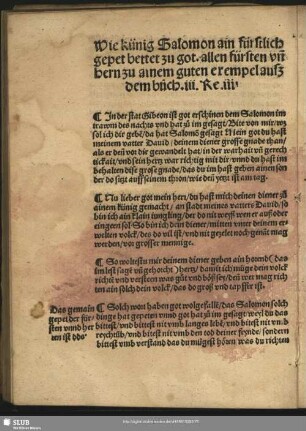 Wie künig Salomon ain fürstlich gepet bettet zu got. allen fürsten un[d] hern zu ainem guten exempel ausz dem büch. iij Re. iij.