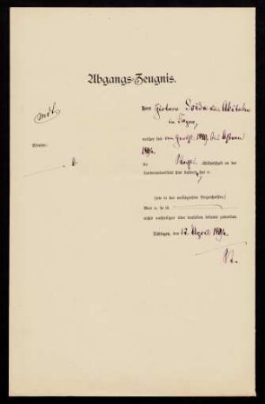 Abgangszeugnis. Tübingen, 12.04.1894.