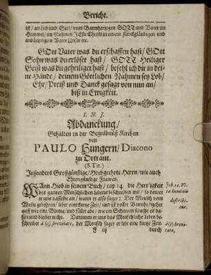 Abdanckung/ Gehalten in der Begräbnüß Kirchen von Paulo Hungern/ Diacono zu Ortrant.