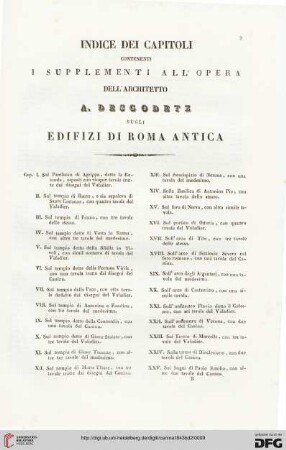 Indice dei Capitoli contenenti i Supplementi all'Opera dell Architetto A. Descodetz sugli Edifizi di Roma Antica