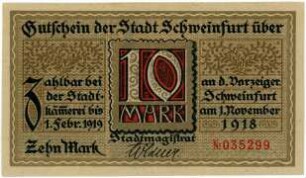 Geldschein / Notgeld, 10 Mark, 1.11.1918