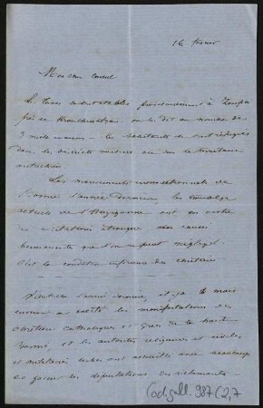 52 Briefe, Originale bzw. Abschriften: Diplomatische Korrespondenz der Hauptakteure der Montenegropolitik der Jahre 1857-1861 - BSB Cod.gall. 987(1-5, Teil 2,7. The Henri Delarue - Hyacinthe Hecquard correspondence, 1857-1858 (33 original confidential letters), Nr. 7: February 16, [1858] - BSB Cod.gall. 987(2,7