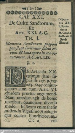Cap. XXI. De Cultu Sanctorum, Ex Art. XXI. A.C.