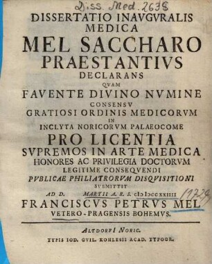 Dissertatio Inavgvralis Medica Mel Saccharo Praestantivs Declarans