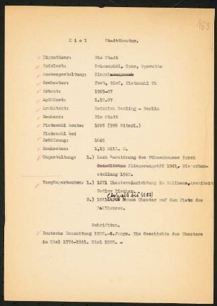 Stadttheater, Kiel: Schriftstück zum Fragebogen für das Handbuch »Das Deutsche Theater«, zwei Seiten