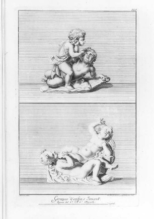 Lindemann, Christian Philipp (Stecher) und Werner, Anna Maria (Zeichnerin) nach Algardi, Alessandro (Bildhauer): Groupes d'enfens Jouent, Abb. 221.Kupferstich; 405 x 250 mm (Plattenrand). Aus: Leplat, Raymond: Recueil des marbes antiques qui se trouvent dans la Galerie du Roy de Pologne à Dresden avec privilege du roy, l'année 1733. Dresden: Stössel, 1733. Dresden: SLUB 31.gr.2.1