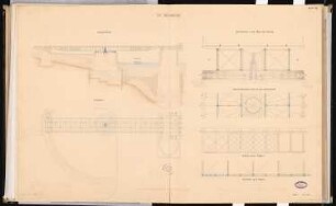 Eisenbahnbrücke Schinkelwettbewerb 1862: Drehbrücke: Grundriss, Längsschnitt; Drehachse: Grundriss, Längsschnitt; Träger: Grundriss, Aufriss Ansicht; 2 Maßstabsleisten Aufriss Ansicht