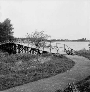 Herrenteich: Fischhuser Damm: hölzerne Fußgängerbrücke, Wanderweg: zwei Kinder sitzen an Brückenanfang: Blick Richtung Norden: im Vordergrund Ufer mit Schilf, Bäumchen