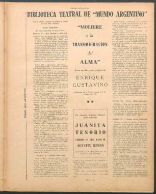 "Moliere o la transmigración del alma" : Biblioteca teatral de "Mundo Argentino"