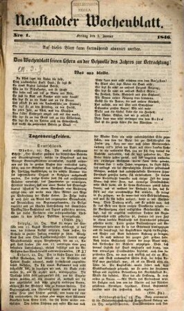Neustadter Wochenblatt : Organ zur volksthümlichen Besprechung der Tages-Ereignisse, zur Unterhaltung, sowie zur Veröffentlichung von Anzeigen etc.. 1846