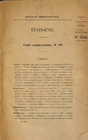 Annales du commerce extérieur. États-Unis. Faits commerciaux. 46/47. 1876/78