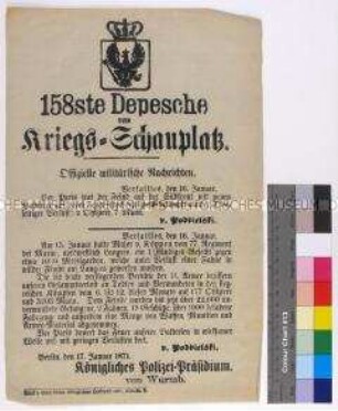 Kriegsdepesche des Königlichen Polizeipräsidiums Berlin über die Kriegsereignisse am 15. und 16. Januar 1871 bei Paris und Langres während des Deutsch-Französischen Krieges