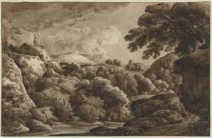 Gebirgslandschaft mit Felsen und Gebüsch