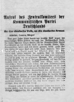 Flugblatt der KPD aus dem Exil mit einem Aufruf zum Sturz Hitlers und zur Beendigung des Krieges