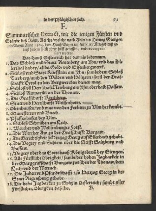 F. Summarischer Extract, wie die jenigen Fürsten und Stände deß Röm. Reichs ...