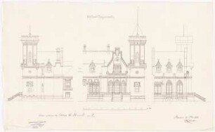 Schloss Krzanowitz Anbau: Aufriss Vorderansicht, 2 Seitenansichten; Maßstabsleiste
