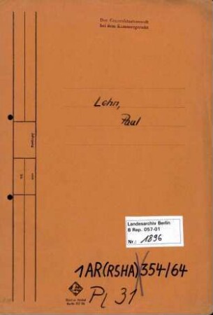 Personenheft Paul Lehn (*29.05.1913), SS-Hauptsturmführer