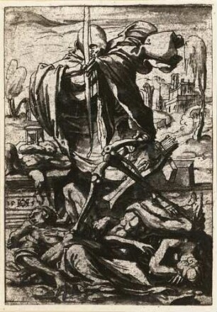 Totentanz. Bogenschütze und Tod. Zeichnung