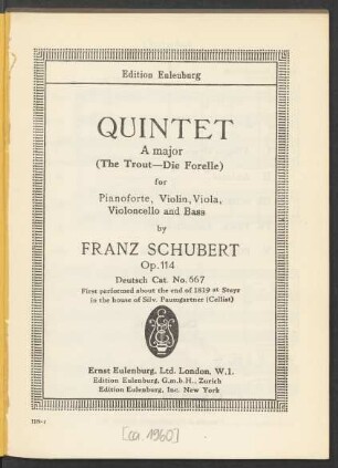 Quintet A major : (The Trout - Die Forelle) : for pianoforte, violin, viola, violoncello and bass : op. 114