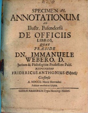 Specimen annotationum ad ill. Pufendorfii de officiis libros