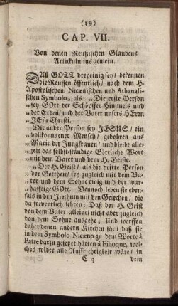 Cap. VII. Von denen Reußischen Glaubens Artickuln ins gemein