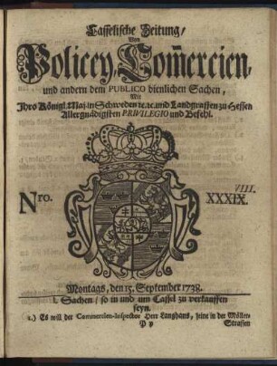 Nro. XXXVIII, Montags, den 15. September 1738
