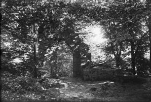 Hohnstein-Goßdorf. Ruine der Burg Schwarzberg, sogenanntes Goßdorfer Raubschloss (vor 1372, ab 1410 Verfall, 1858 Bau einer künstlichen Ruine). Mauerrest mit Torbogen