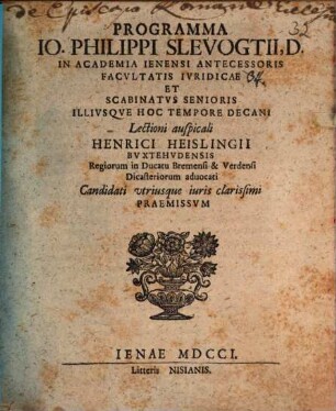 Programma lectioni ausp. H. Heislingii ... praemissum : [disseritur de primatu episcopi romani]