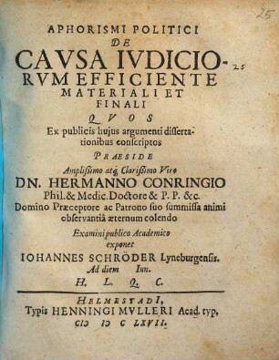 Aphorismi Politici De Causa Iudiciorum Efficiente Materiali Et Finali