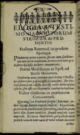 Regia Acad. Elogia & Testimonia Doctorum de Prudentio.