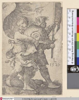 [Zwei Jungen mit Helm und Fahne; Two boys with a helmet and a standard]