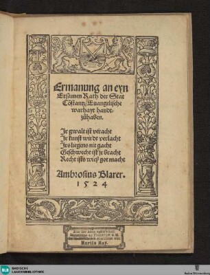 Ermanung an eyn Ersamen Rath der Stat Cõstantz, Euangelische warhayt handtzuhaben
