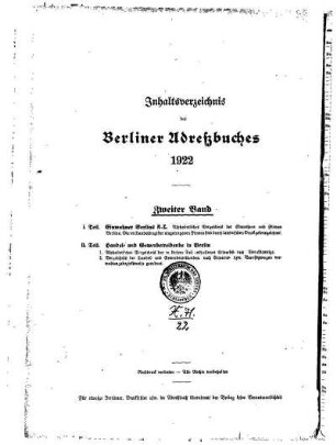 Inhaltsverzeichnis des Berliner Adreßbuches 1922