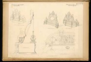 Gedenktafel Monatskonkurrenz Januar 1879: Perspektivische Ansicht Vorderansicht (2 Varianten), Rückansicht; Grundriss (halb), Querschnitt