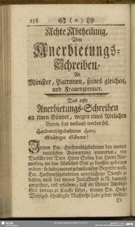 Achte Abtheilung, Von Anerbietungs-Schreiben, An MInister, Patronen, seines gleichen, und Frauenzimmer