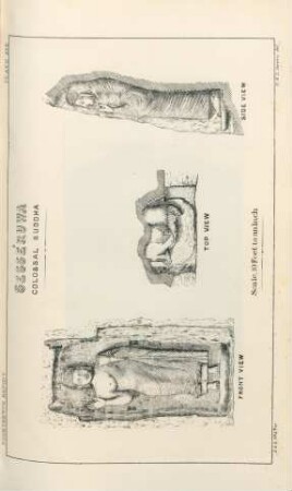 Plate XXX. Sesséruwa. colossal Buddha. Front view. Top view. Side view