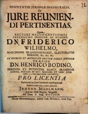 Disputatio Juridica Inauguralis, De Jure Reuniendi Pertinentias