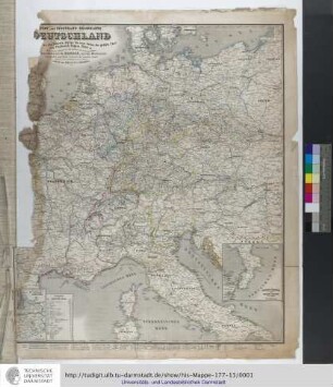 Deutschland, Holland, Belgien, die Schweiz, Italien bis zum Aetna, der größte Theil von Frankreich, Ungarn, Polen etc. : Post- und Eisenbahn-Reisekarte ; mit besonderer Rücksicht auf Eisenbahnen und Seedampfschiffahrt